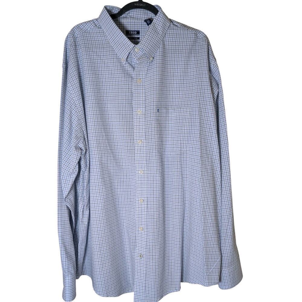 IZOD Premium Essentials Men’s 2XLT Long Sleeve White Blue Gray Check Cotton